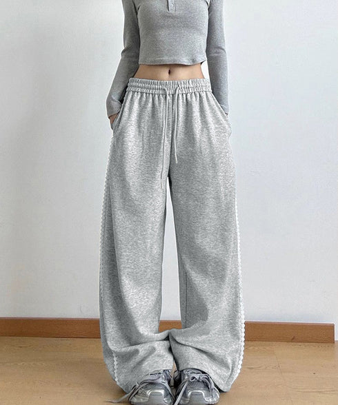 スウェットパンツサイドレースラインパンツ レディース ハイウエスト リラックスパンツ ウエストゴム ワイドパンツ ゆったり イージーパンツ 体型カバー ズボン秋冬 24BDMS-017